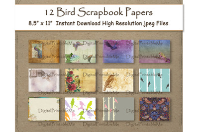 Bird Digital Paper 8,5&quot; x 11&quot; scrapbook paper pages 12 printable, shab