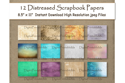 Distressed Digital Paper 11&quot; x 8.5&quot; Grungy scrapbook paper pages 12 pr