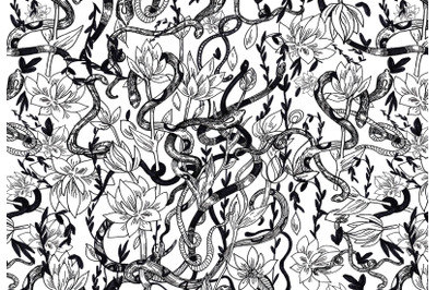 Vintage hand-drawn Snakes and flowers pattern