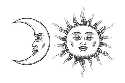 Hand Drawn Art Sun and Crescent Moon Engraving Illustration