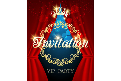 Luxury Invitation Card vip party invite with golden crown and red curt