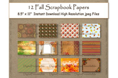 Fall Digital Paper pages scrapbook paper pack of 12 printable&2C; shabby