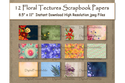 Floral Digital Paper 8.5&quot; x 11&quot; Flowers Textured scrapbook paper pages