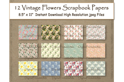 Vintage Flowers Digital Paper 8.5&quot; x 11&quot; Floral scrapbook paper pages