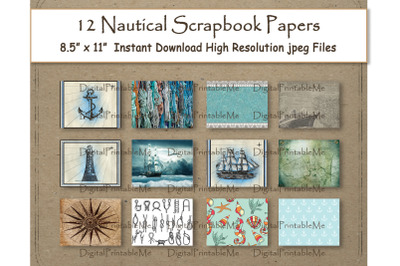 Nautical Digital Paper 11&amp;quot; x 8.5&amp;quot; Pattern scrapbook pages 12 printable