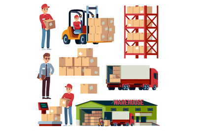 Warehouse flat elements. Logistic transportation and forklift, deliver