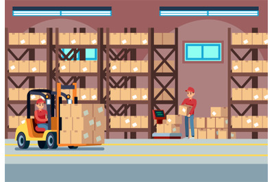 Warehouse interior. People loaders working in industry stockroom, tran