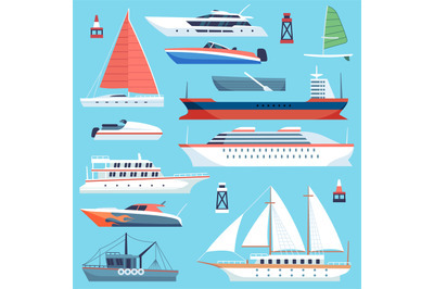 Ships boats flat. Maritime transport, ocean cruise liner ship, yacht w