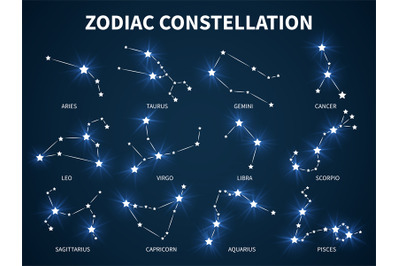 Zodiac constellation. Zodiacal mystic astrology vector symbols with gl
