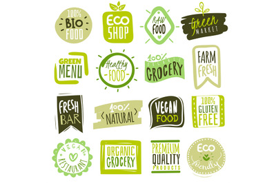 Organic food labels. Natural meal and fresh products logo. Ecology far