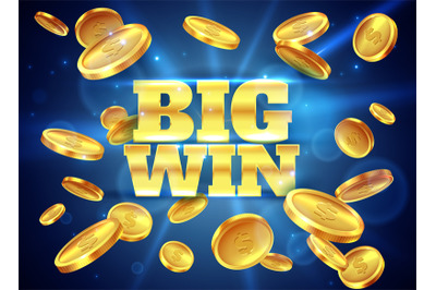 Big win. Prize label with gold flying coins, winning game. Casino cash