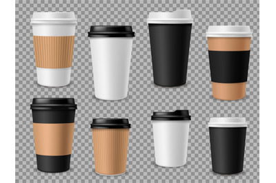 Paper coffee cups set. White paper cups, blank brown container with li