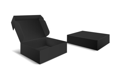 Black box packaging. Side view open and closed gift blank boxes. Empty