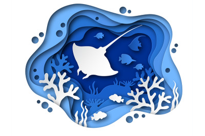 Underwater paper cut. Ocean bottom with sea animals&2C; corals and fish s