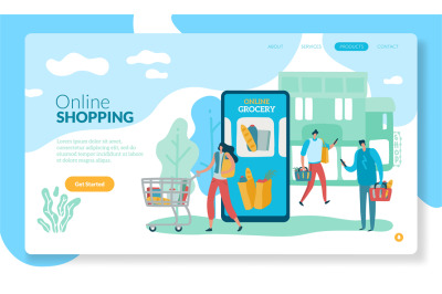 Online grocery. Landing Internet retail purchase smartphone website sh