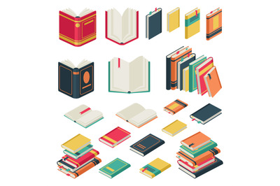 Isometric book collection. Opened and closed books set for school libr