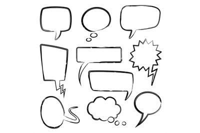 Sketch speech bubbles. Doodle message bubble elements, thinking balloo