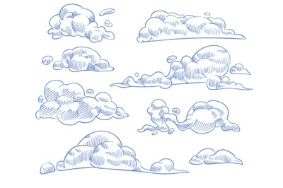 Sketch clouds. Curled cloudy sky drawing texture&2C; nature weather outli