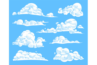 Hand drawn clouds. Sketch cloudy sky, vintage engraved curled cloud. D