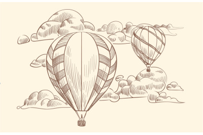 Sketch air balloon in clouds. Flight travel by air balloons with baske