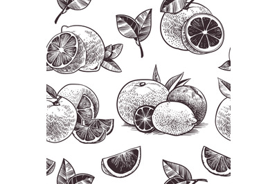 Orange fruits seamless pattern. Vintage citrus fruit, hand drawn orang