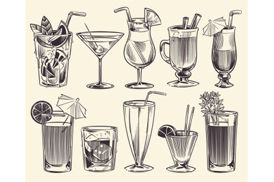 Hand drawn cocktails. Sketch cocktails and alcohol drinks, cold bevera