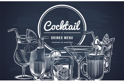 Sketch cocktail background. Hand drawn alcohol cocktails drinks bar me