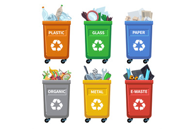 Waste bin categories. Trash recycle, separating garbage containers. Or