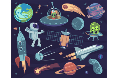 Cartoon space set. Cute astronauts and ufo aliens, satellite planets a