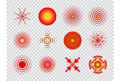 Red pain circles. Local pain spots, joint and muscles pains. Migraine