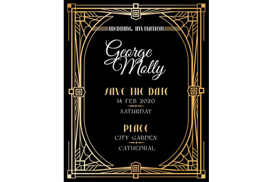 Art deco invitation. Wedding art deco card with gold frame border&2C; cla