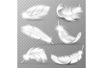 Realistic white feathers. Birds plumage&2C; falling fluffy twirled feathe