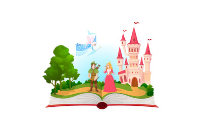 Fairy tales book. Fantasy tale characters&2C; magic life library. Open bo