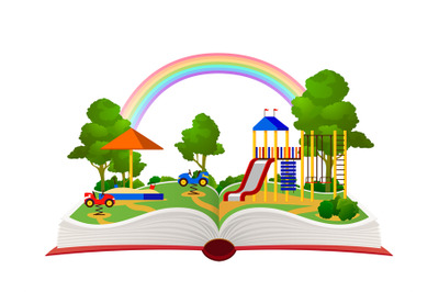 Open book playground. Fantasy garden, learning amusement park green fo