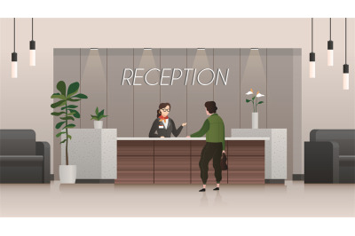 Reception service. Receptionist and customer in hotel lobby hall, peop