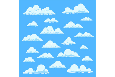 Cartoon white clouds. Blue sky with different cloud shapes. Cute summe