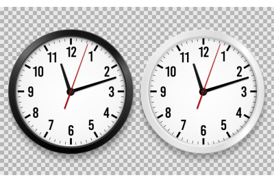 Realistic office clock. Wall round watches with time arrows and clock