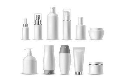 Realistic cosmetic package. White blank cosmetics bottles&2C; containers.