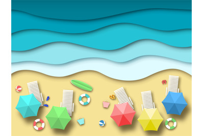 Paper sea beach. Summer holiday landscape with sand&2C; ocean and sun&2C; su