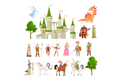 Fairytale characters. Fantasy medieval magic dragon, unicorn, princes