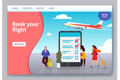 Flight travelling landing. Mobile app web page for of booking and buyi