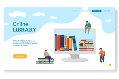 Online library. Website page for landing books store learning digital