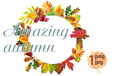 White round banner with colorful falling autumn leaves