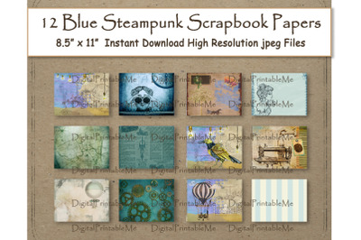 Steampunk Digital Paper 11&quot; x 8.5&quot; Blue antique scrapbook paper pages