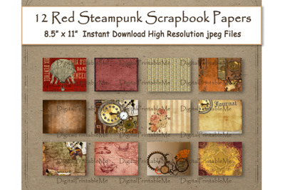 Steampunk Digital Paper 11&amp;quot; x 8.5&amp;quot; red scrapbook paper pages 12 printa