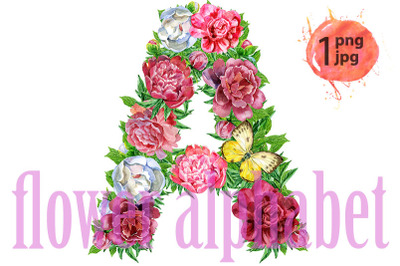 Letter A of watercolor flowers