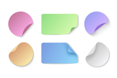 Realistic paper stickers. Round and rectangular colored price tags, me