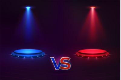 Versus concept. Glowing pedestal hologram, game match VS background, M