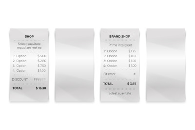 Shop receipt. Realistic restaurant bill and blank invoice paper isolat