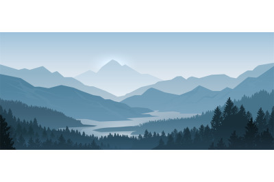 Realistic mountains landscape. Morning wood panorama&2C; pine trees and m